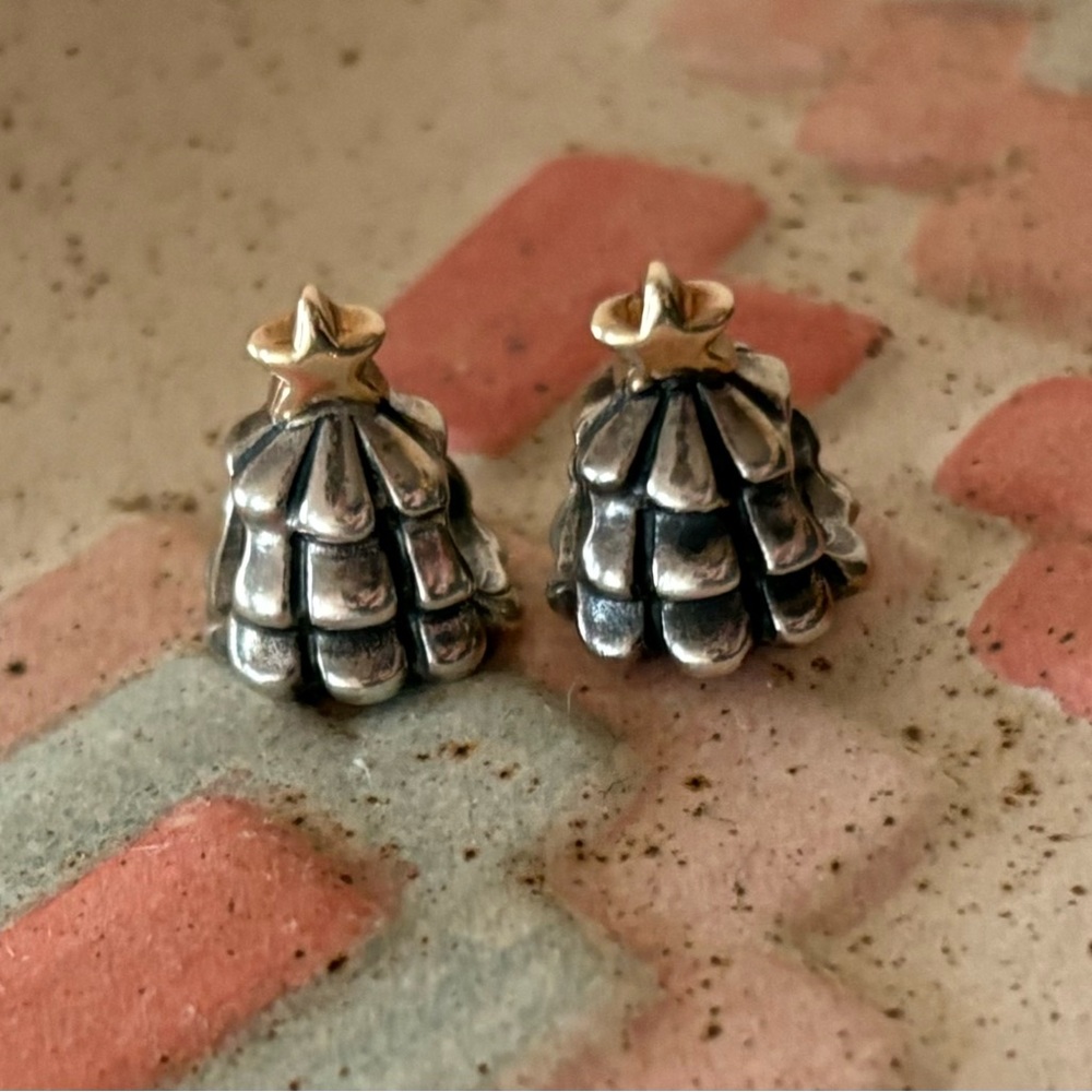 Set of Two Pandora Christmas Tree 14K Gold & Sterling Silver Charms